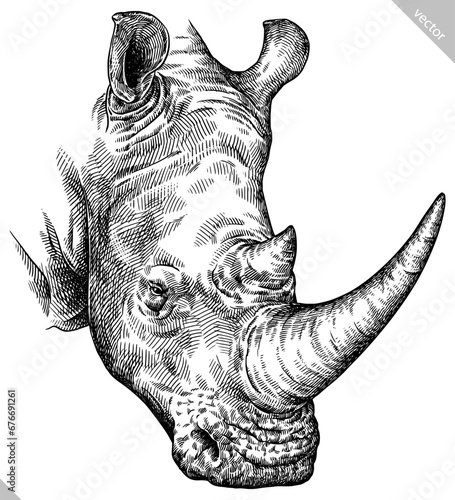 Vintage engraving isolated rhinoceros set illustration ink sketch. Africa background rhino silhouette art. Black and white hand drawn vector image