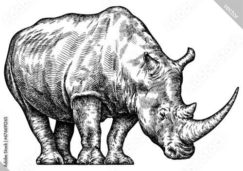 Vintage engraving isolated rhinoceros set illustration ink sketch. Africa background rhino silhouette art. Black and white hand drawn vector image