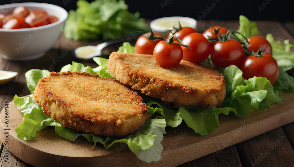 Crispy breaded seared chicken cutlet accompanied by crisp lettuce and juicy tomatoes. A satisfying dish offering the perfect balance of crunchy texture and fresh, vibrant flavors, Generative AI.