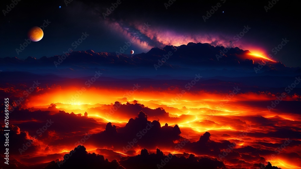 Fantasy landscape of fiery planet with glowing stars, nebulae, massive clouds and falling asteroids. AI Generated