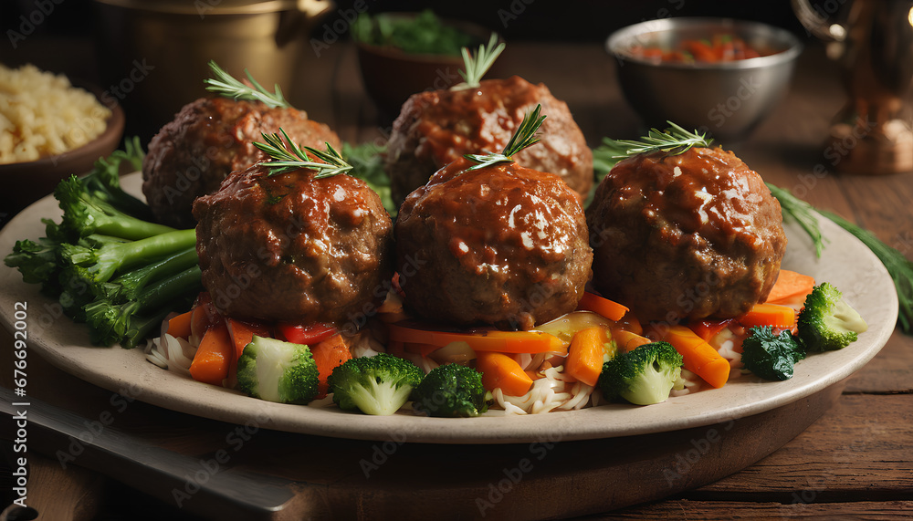Steamed big meatballs served with a side of fresh vegetables. generative AI. Steamed big meatballs served with a side of fresh vegetables. generative AI.
