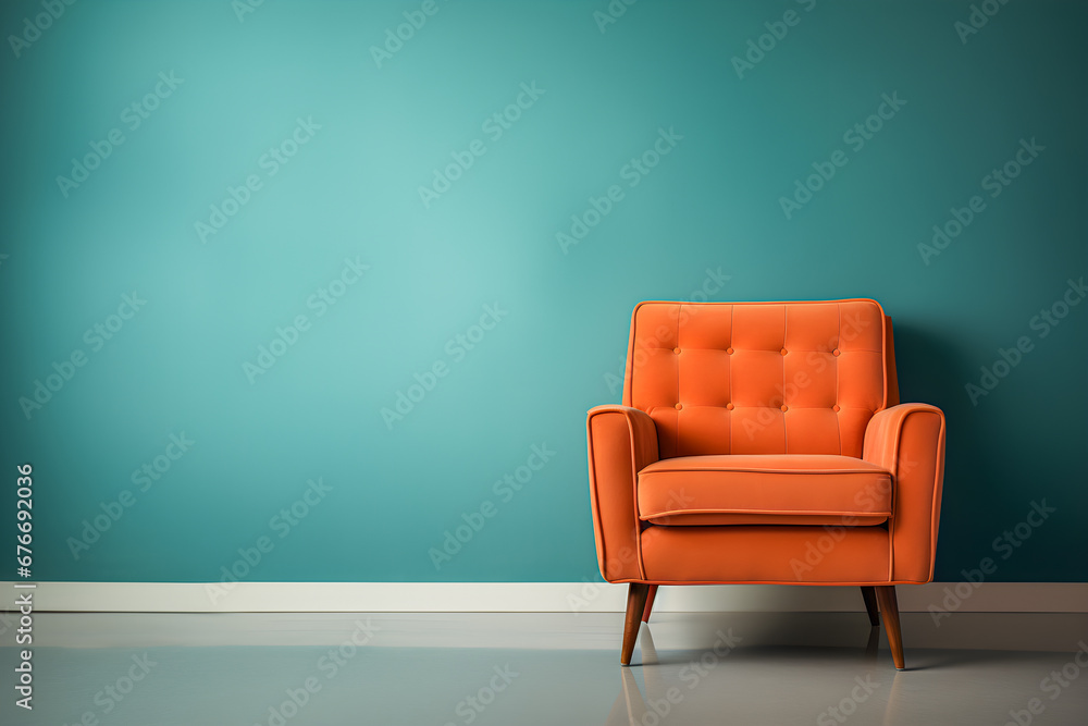 Orange armchair on colorful blue wall background electric retro interior - obrazy, fototapety, plakaty 