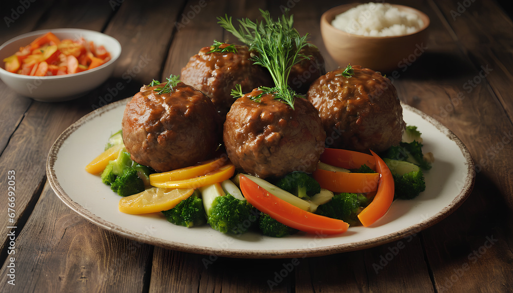 Steamed big meatballs served with a side of fresh vegetables. generative AI.