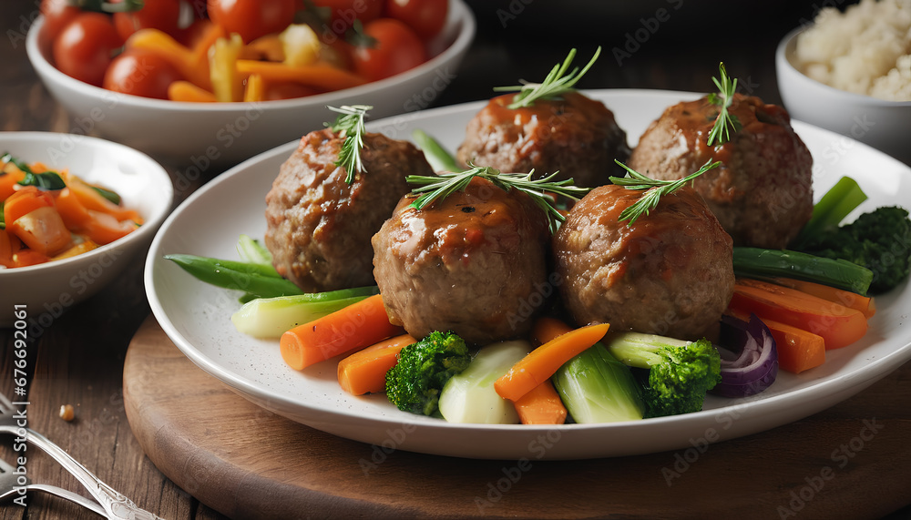 Steamed big meatballs served with a side of fresh vegetables. generative AI. Steamed big meatballs served with a side of fresh vegetables. generative AI.