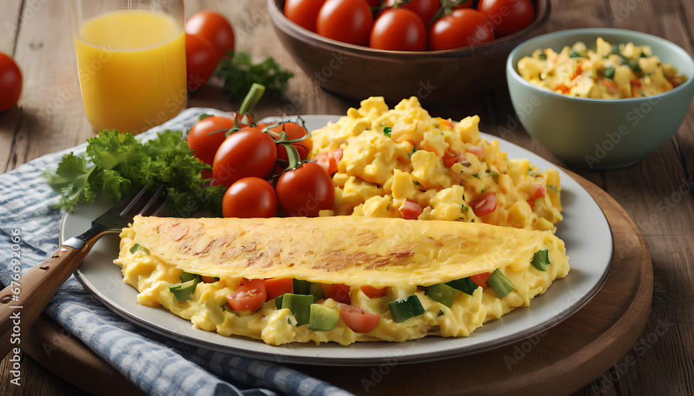 Scrumptious omelette featuring perfectly scrambled eggs, melded with gooey cheese and a medley of vibrant vegetables. Generative AI.