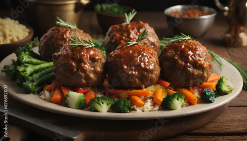 Steamed big meatballs served with a side of fresh vegetables. generative AI.
