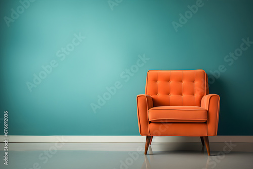 Orange armchair on colorful blue wall background electric retro interior