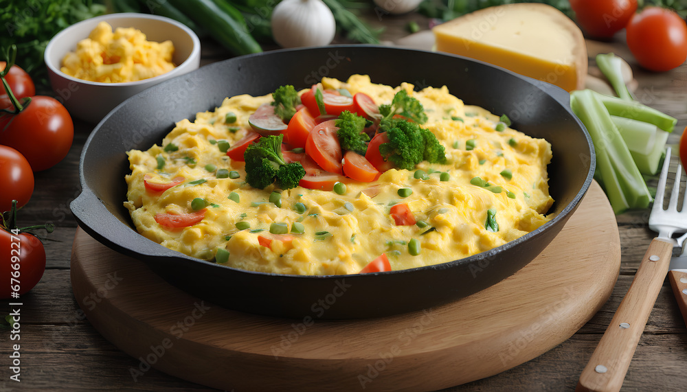 Scrumptious omelette featuring perfectly scrambled eggs, melded with gooey cheese and a medley of vibrant vegetables. Generative AI. Scrumptious omelette featuring perfectly scrambled eggs, melded with gooey cheese and a medley of vibrant vegetables. Generative AI.