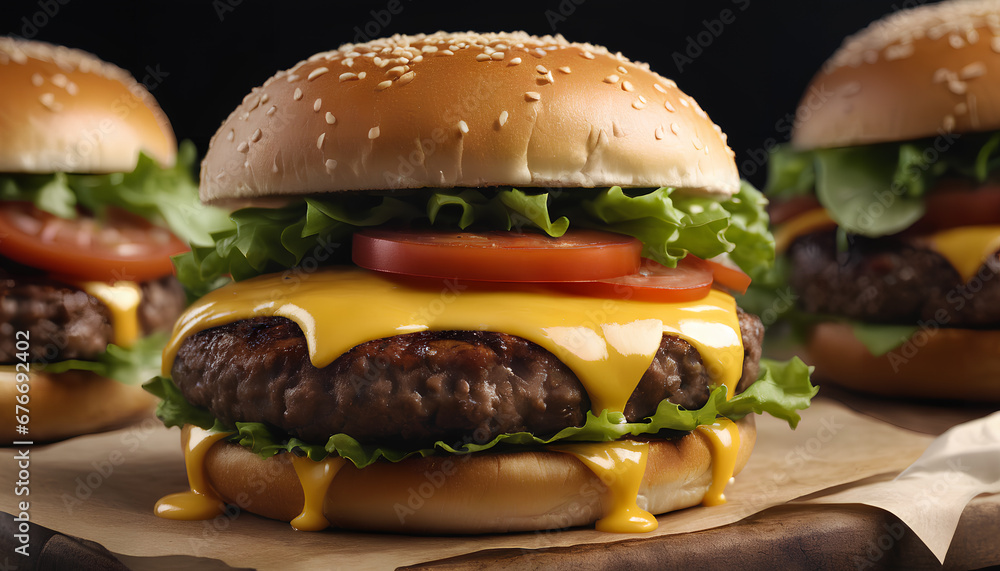 Savoring a ham, beef, and cheese patty burger. A flavorful trio in a delicious handheld delight, Generative AI. Savoring a ham, beef, and cheese patty burger. A flavorful trio in a delicious handheld delight, Generative AI.