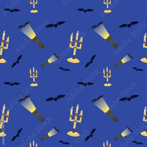 Bats, lanterns and candelabras on a blue background, Halloween. Vector color pattern