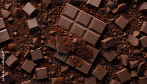 A rich chocolate background adorned with luscious chocolate bars, tantalizing chocolate chips, and a dusting of velvety cocoa powder. generative AI.