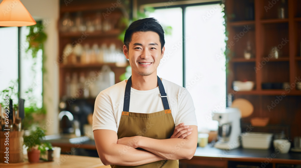カフェで働くアジア人男性