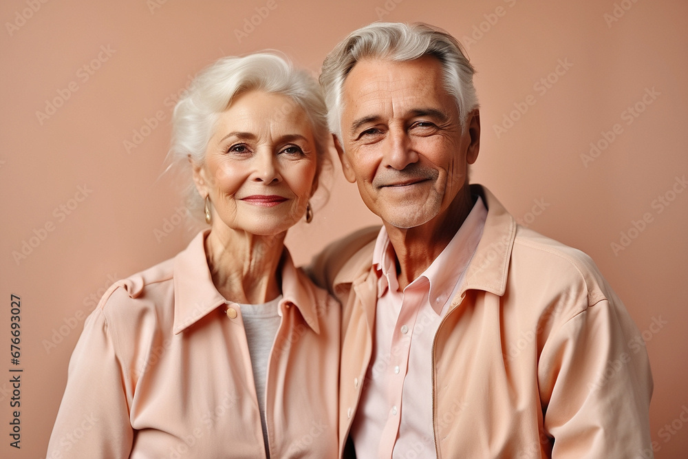 Joyful European elderly couple, portrait on a peach background as a keepsake Joyful European elderly couple, portrait on a peach background as a keepsake