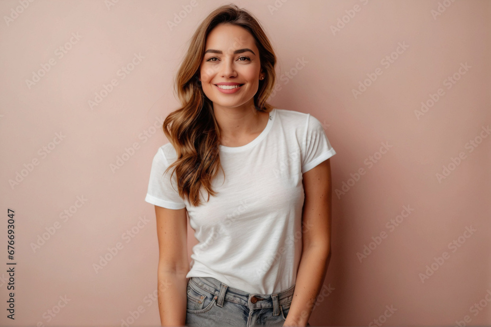 Natural Beauty: Self Love, beautiful girl in white t-shirt on pink background Natural Beauty: Self Love, beautiful girl in white t-shirt on pink background