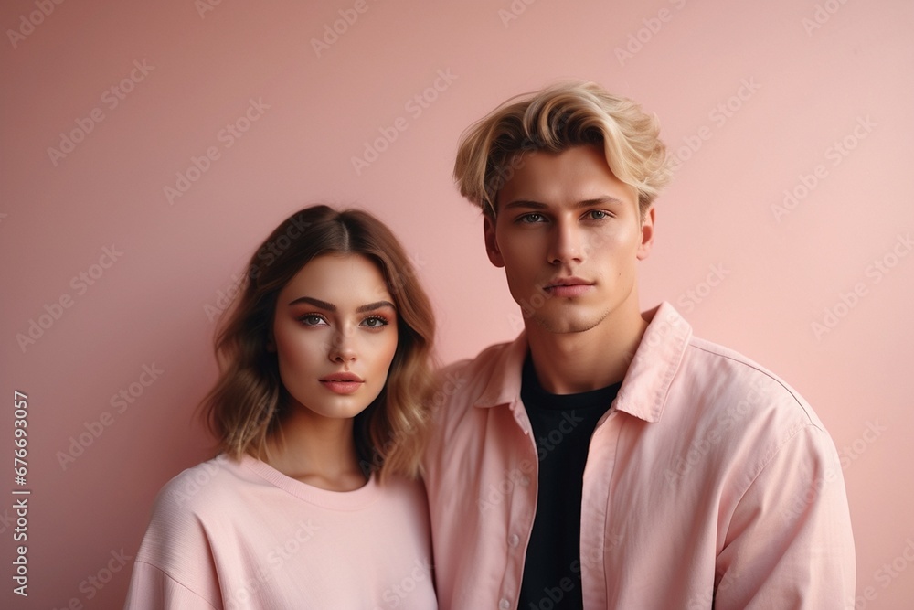 beautiful couple in love, tenderness, pink background beautiful couple in love, tenderness, pink background