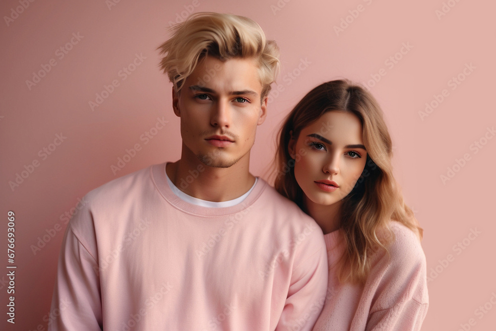 woman on a man's shoulder, soft pink background woman on a man's shoulder, soft pink background