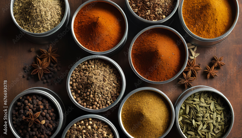 assorted Indian chai spices stored in metallic tins. Fragrant blends perfect for an exquisite tea journey, generative AI.