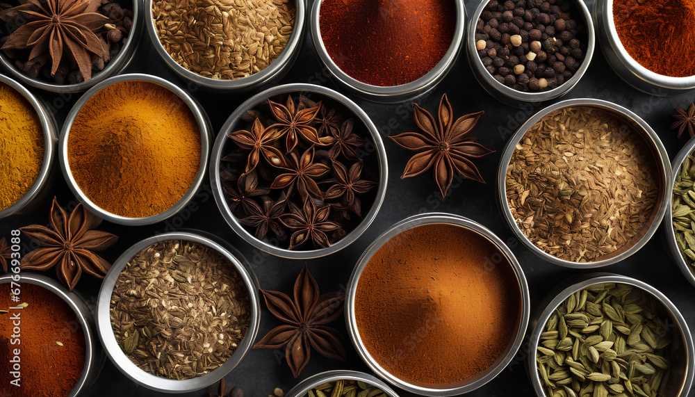 assorted Indian chai spices stored in metallic tins. Fragrant blends perfect for an exquisite tea journey, generative AI.