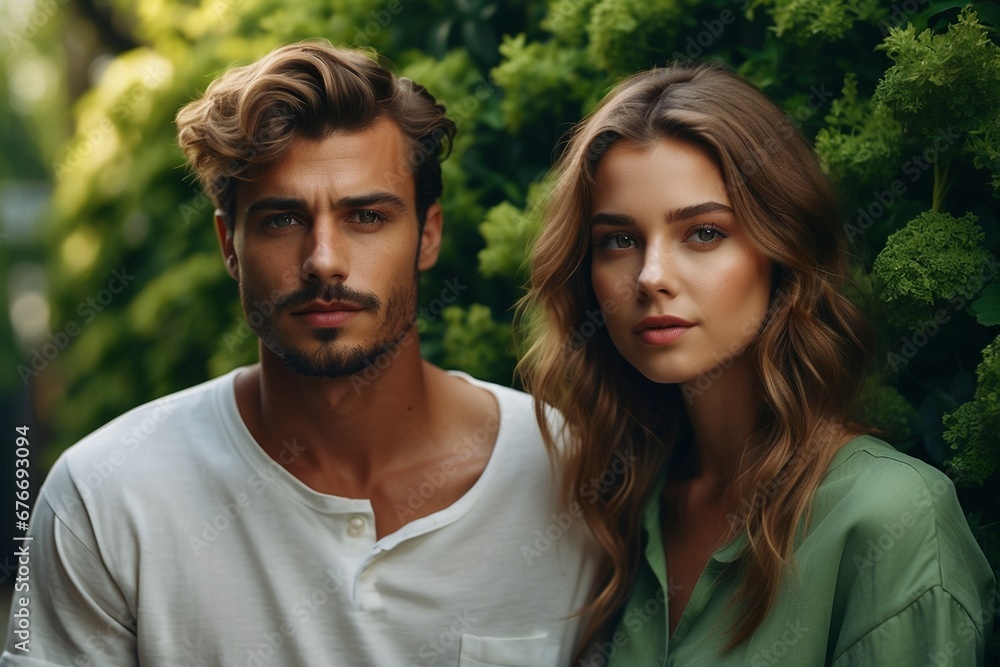 a guy and a girl on the background of green trees, portrait a guy and a girl on the background of green trees, portrait