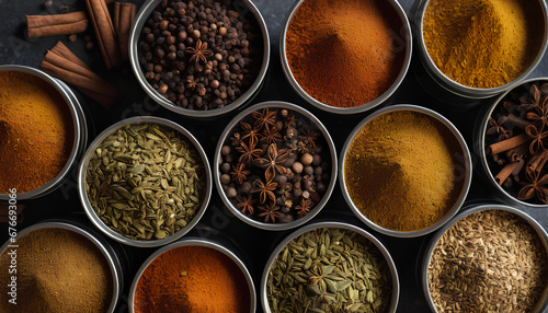 Fototapeta Naklejka Na Ścianę i Meble -  assorted Indian chai spices stored in metallic tins. Fragrant blends perfect for an exquisite tea journey, generative AI.