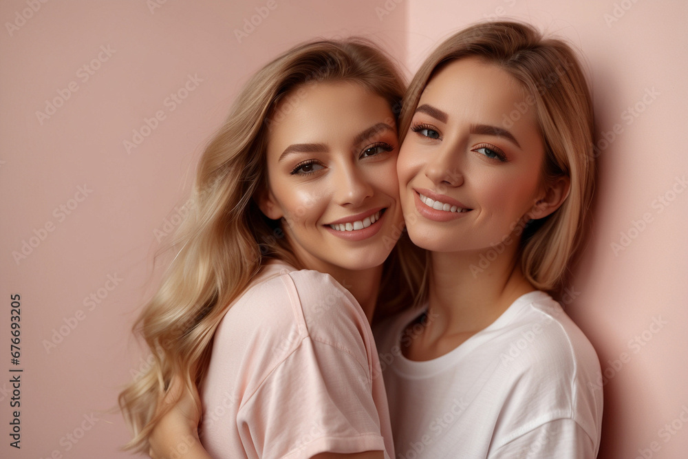two close friends or sisters hugging in a photo, two beautiful girls on a pink background two close friends or sisters hugging in a photo, two beautiful girls on a pink background