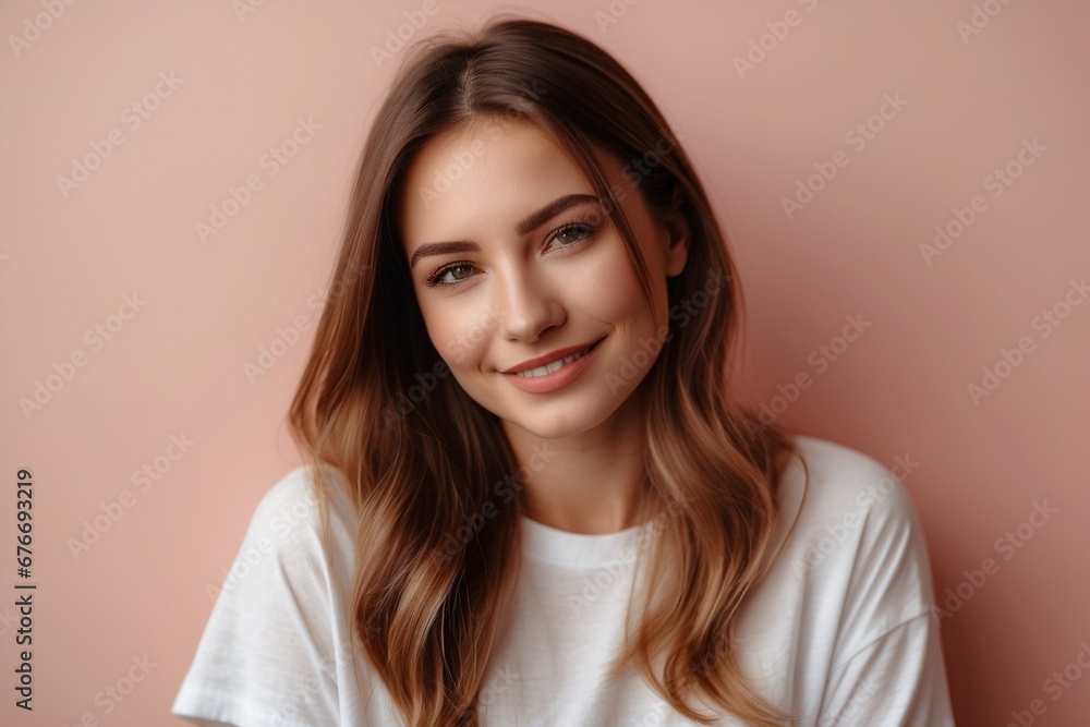pretty girl in a white T-shirt, portrait on a pink photo background pretty girl in a white T-shirt, portrait on a pink photo background