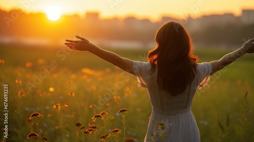 Euphoric Sunset Scene: Woman in Flowers Field, Open Hands, Overflowing Happiness, Generative AI