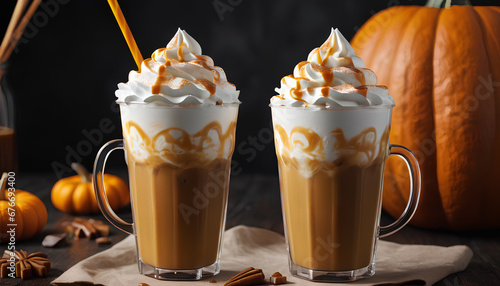 Pumpkin caramel iced latte. A refreshing and indulgent autumn beverage, generative AI.