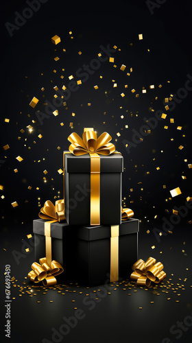 Black and gold gift box with sparkling glitter confetti for black friday social media marketing © LightoLife
