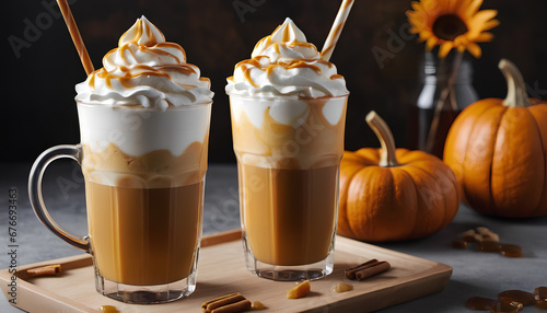 Pumpkin caramel iced latte. A refreshing and indulgent autumn beverage, generative AI.