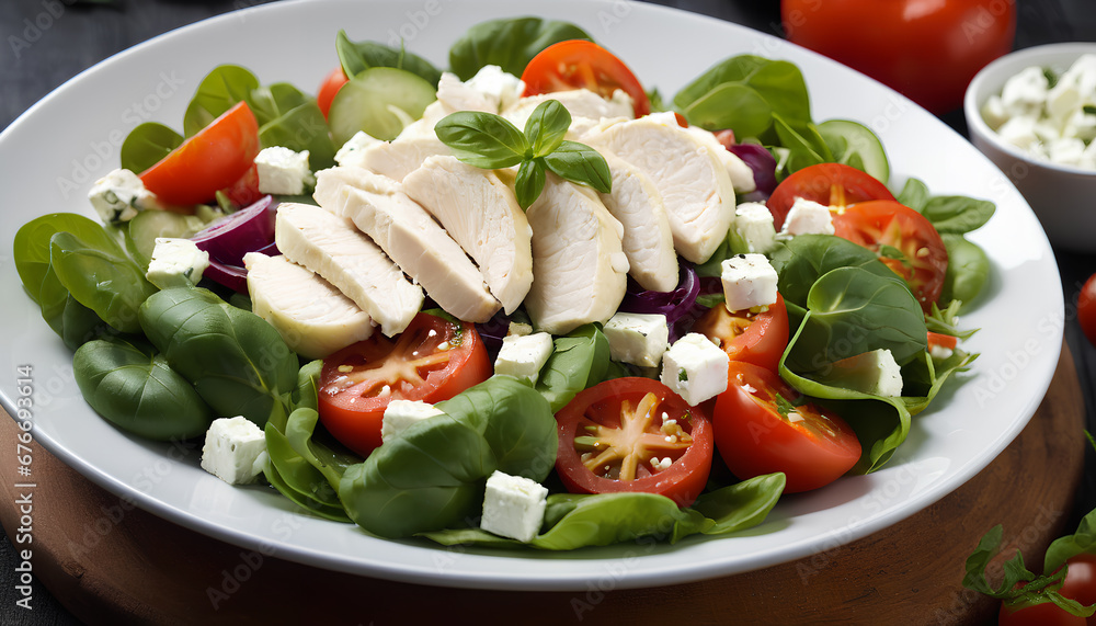 Fresh vegetable, chicken. A nutritious combination of vibrant vegetables, tender chicken, and flavorful feta, creating a wholesome and delicious meal, Generative AI. Fresh vegetable, chicken. A nutritious combination of vibrant vegetables, tender chicken, and flavorful feta, creating a wholesome and delicious meal, Generative AI.