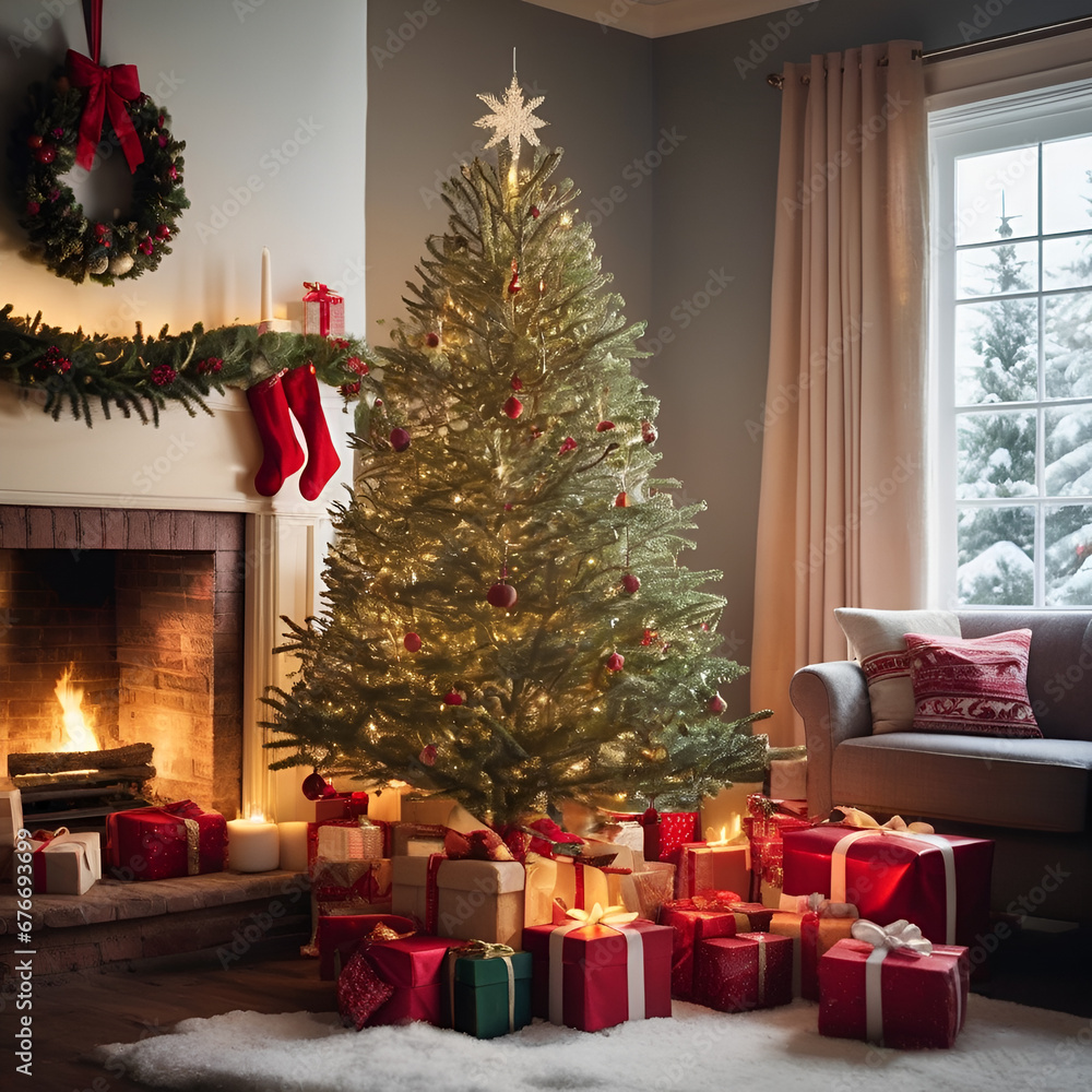 a beautiful house decorated with christmas tree and gifts. a house with christmas celebration.