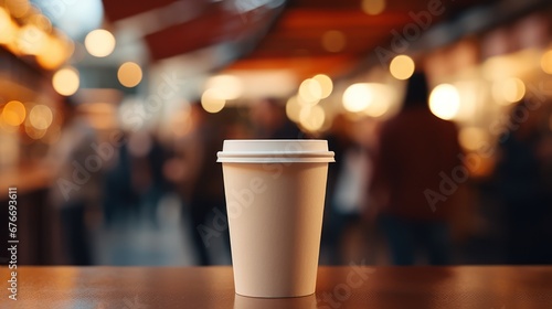 Takeaway coffee on wooden counter closeup  hot beverage to go  Blur cafe interior background