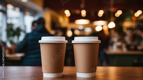 Takeaway coffee cups on wooden counter closeup, hot beverage to go, Blur cafe interior background photo