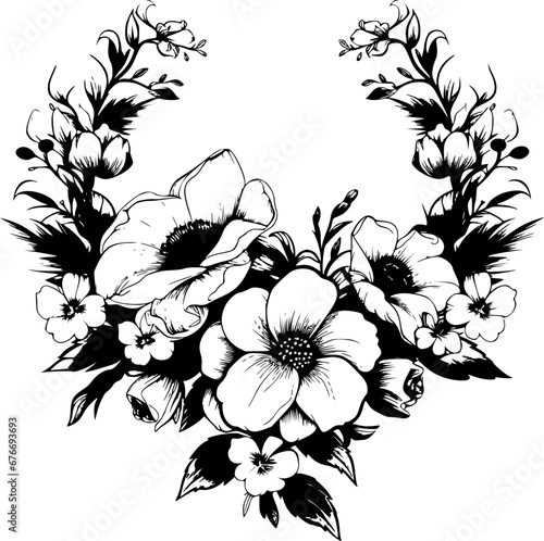 Floral Botanical Flowers Arrangement Border Shape Vintage Outline Icon In Hand-drawn Style