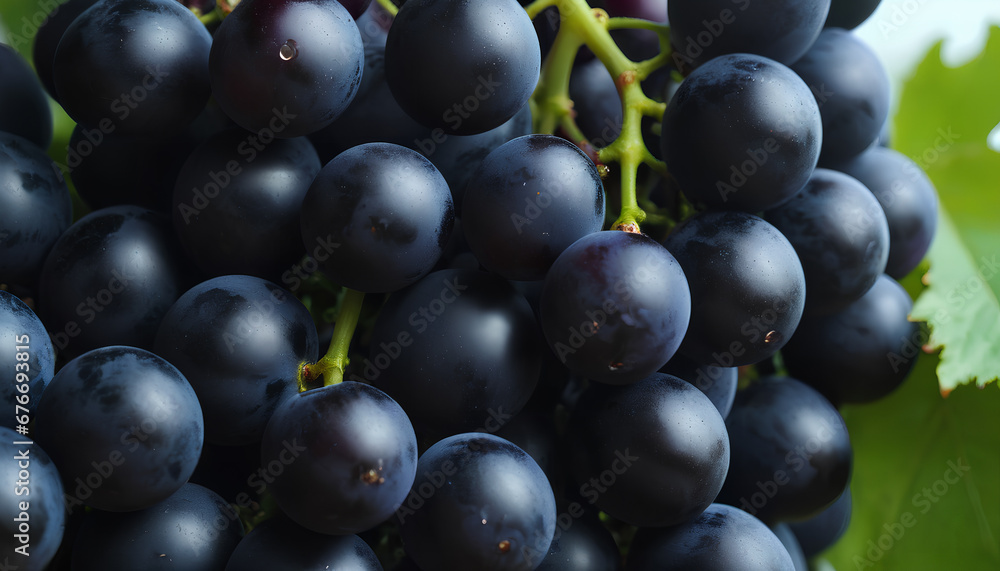 Fototapeta premium black grapes bunch on vine branch, generative AI.