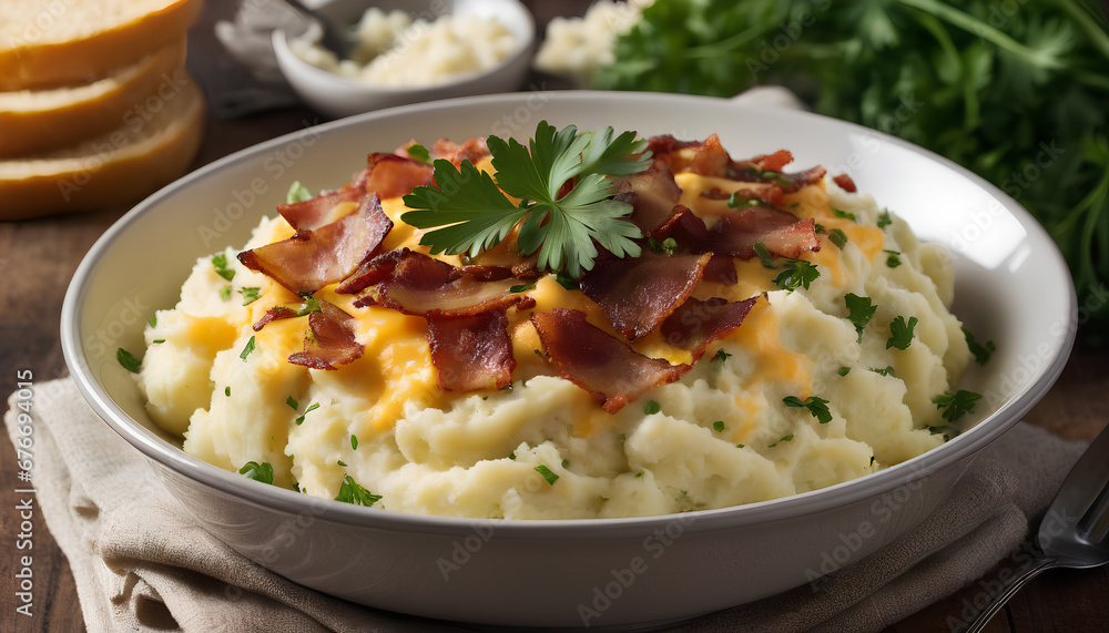 bacon-infused mashed potatoes: creamy delight with cheddar cheese and fresh parsley, generative AI. bacon-infused mashed potatoes: creamy delight with cheddar cheese and fresh parsley, generative AI.