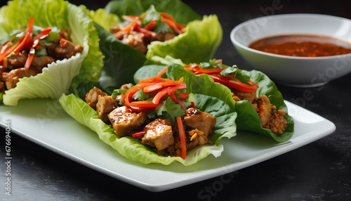 chicken or turkey Asian lettuce wraps with sweet and spicy sauce. A mouthwatering fusion of flavors, generative AI.