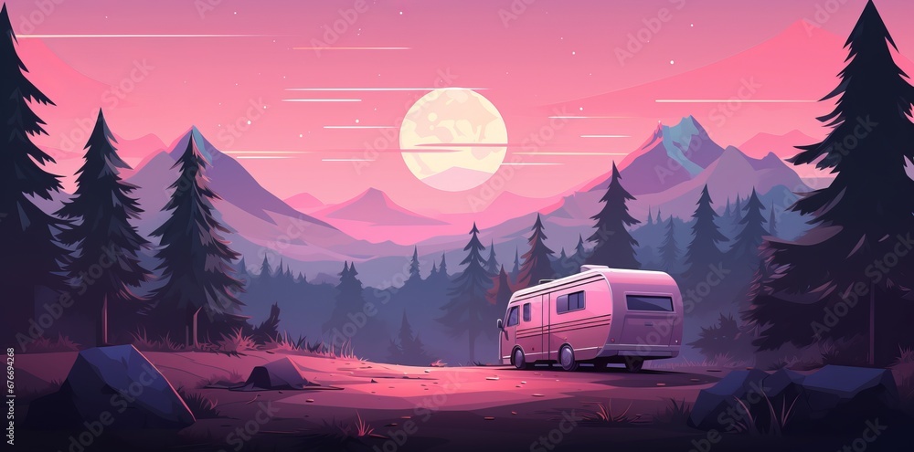 vintage style illustration of a a camper sitting in the middle of the mountains at sunse or sunrise , , nature travel and adventure concept