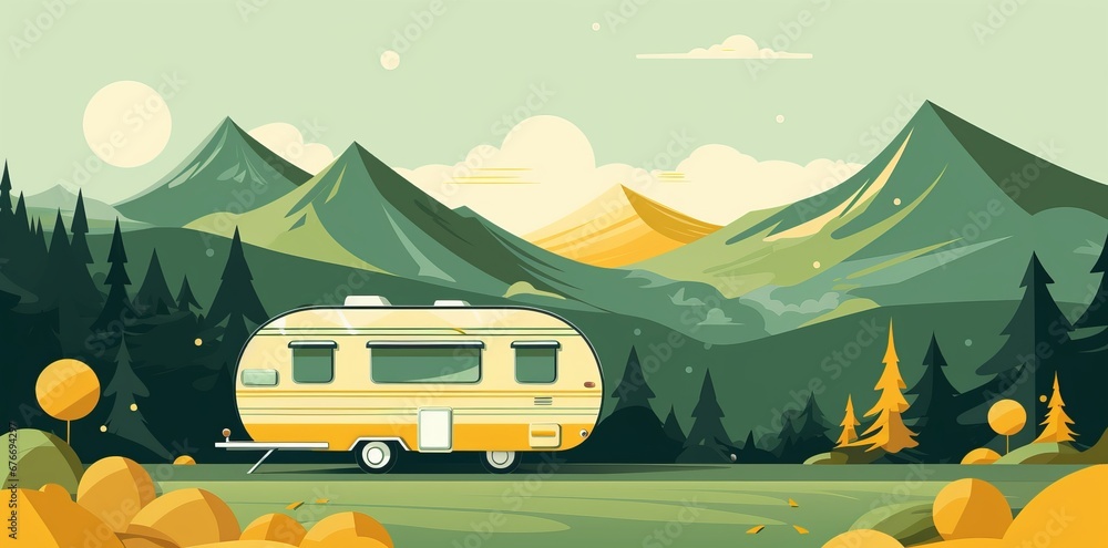 vintage style illustration of a a camper sitting in the middle of the mountains at sunse or sunrise , , nature travel and adventure concept