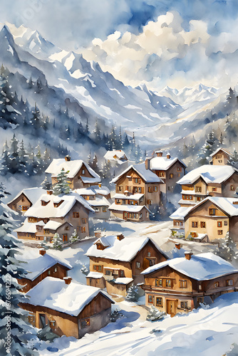 Watercolor painting of swiss alpine village in winter