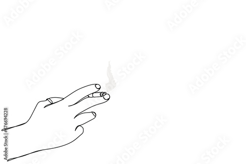  line art of hand holding a lit cigarette with fume of smoke. health hazard concept background art. bad habits do not go easy. Smoking and its harmful effects. Lungs disease precaution.