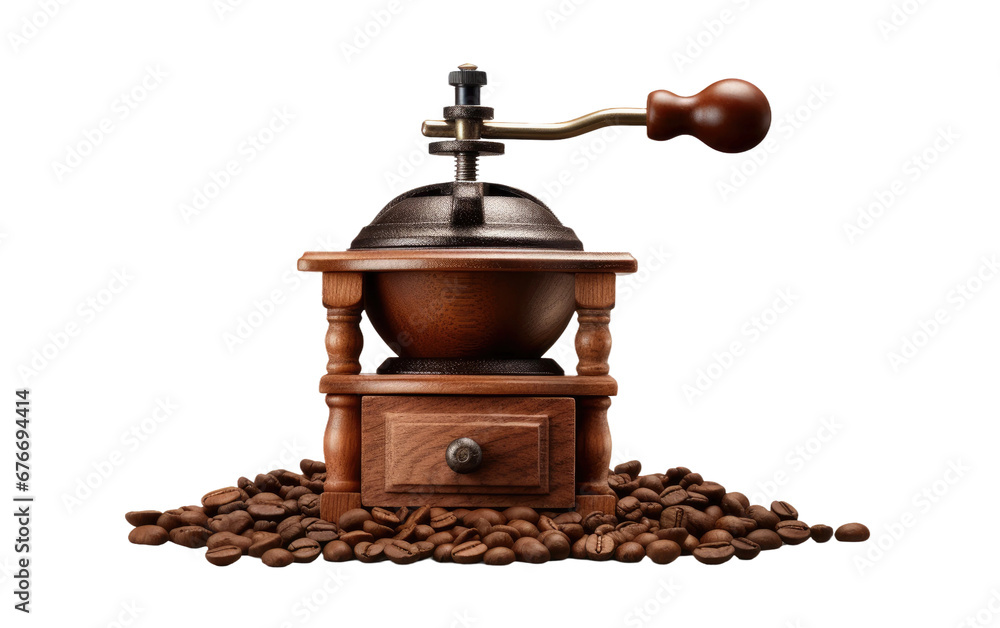 Realistic Coffee Grinder Imagery on a Clear Surface or PNG Transparent Background.