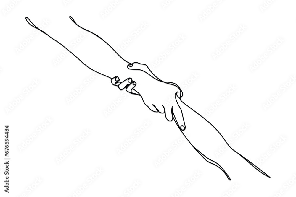 hands reaching out for love support help and care. Urge to touch concept. Concept of human relation, community, togetherness, symbolism, culture and history. Continuous line art of helping hand . Hope - obrazy, fototapety, plakaty 