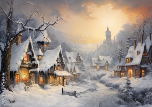 snowy village by john Carroll, in the style of light silver and light red, lee bogle, luminous watercolors (AI Generator) © boxrean