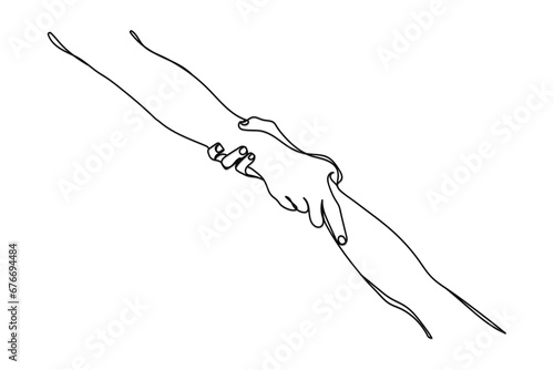 hands reaching out for love support help and care. Urge to touch concept. Concept of human relation, community, togetherness, symbolism, culture and history. Continuous line art of helping hand . Hope
