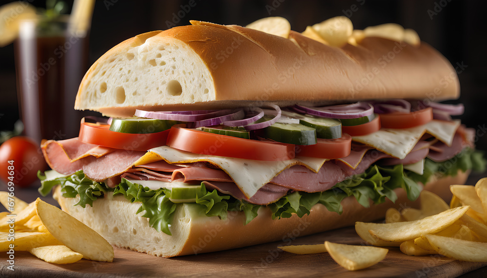 Italian sub sandwich with chips. A classic and savory combo for a quick and tasty meal, generative AI. - obrazy, fototapety, plakaty 