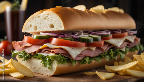 Italian sub sandwich with chips. A classic and savory combo for a quick and tasty meal, generative AI. photo