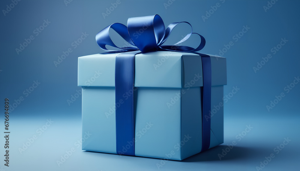 Blue gift box with a ribbon on a blue background. A simple and elegant composition conveying the charm of gift-giving, Generative AI. Blue gift box with a ribbon on a blue background. A simple and elegant composition conveying the charm of gift-giving, Generative AI.