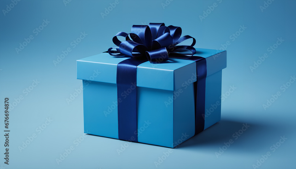 Blue gift box with a ribbon on a blue background. A simple and elegant composition conveying the charm of gift-giving, Generative AI. Blue gift box with a ribbon on a blue background. A simple and elegant composition conveying the charm of gift-giving, Generative AI.